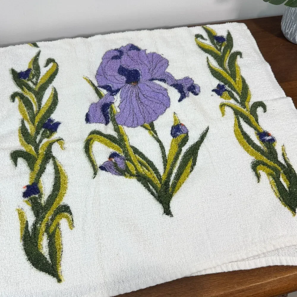 Vintage Cannon Iris Floral Terry Cloth Hand & Bath Towel Set Made in USA Cotton